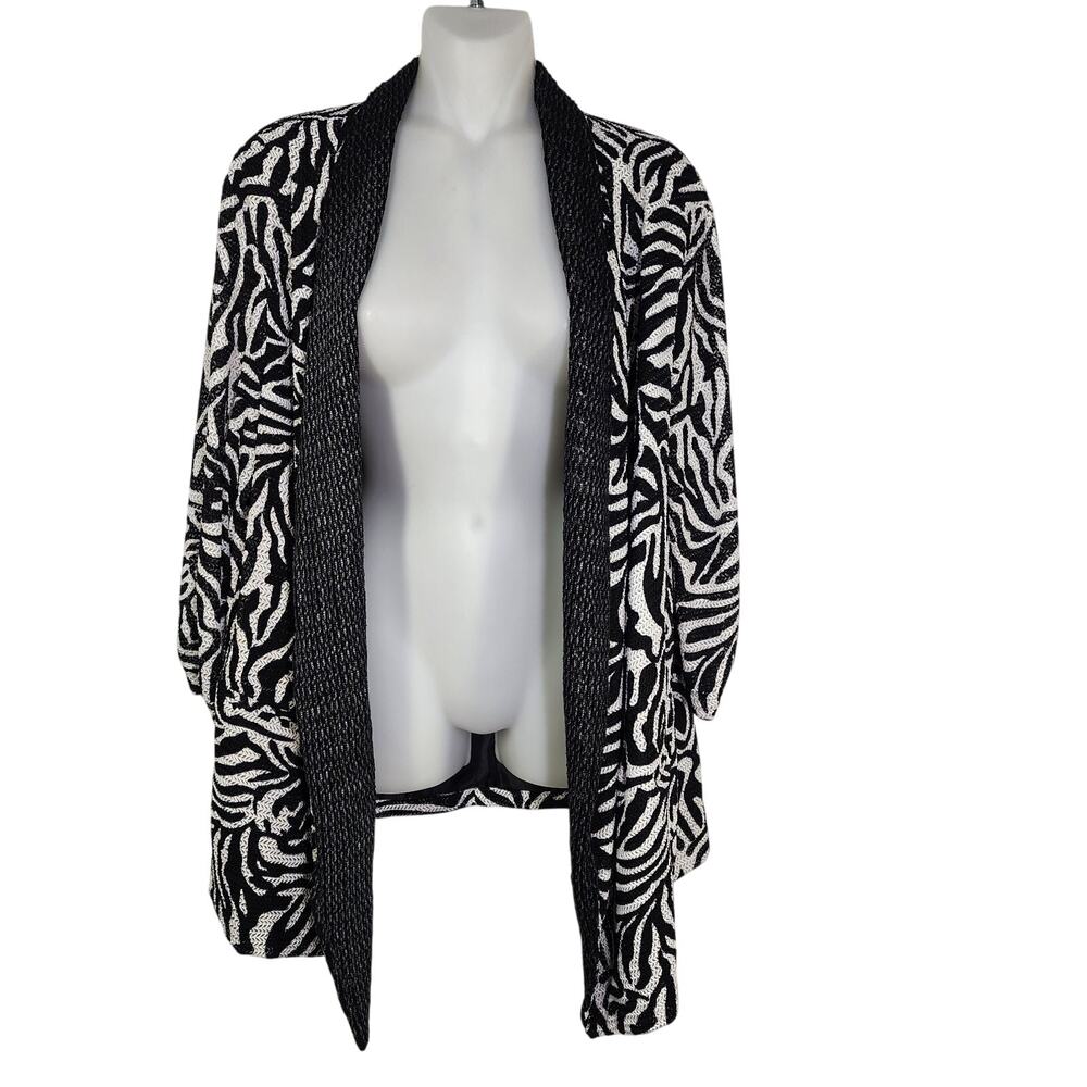 Mona Leah Couture Blazer Women XL Black White Animal Print Open 3/4 Ruched Sleev